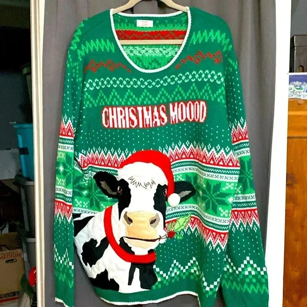 HOLIDAY TIME MENS CHRISTMAS  SWEATER SIZE 2XL (50/52) COW‎ RED GREEN